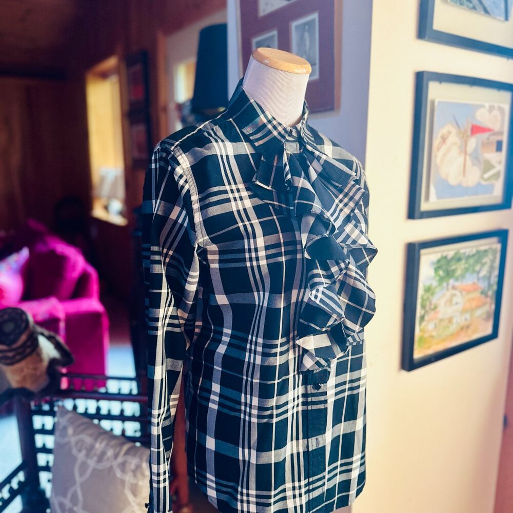 LAUREN RALPH LAUREN White and Black Plaid Ruffle Collar Shirt Blouse – M - Picture 10 of 11